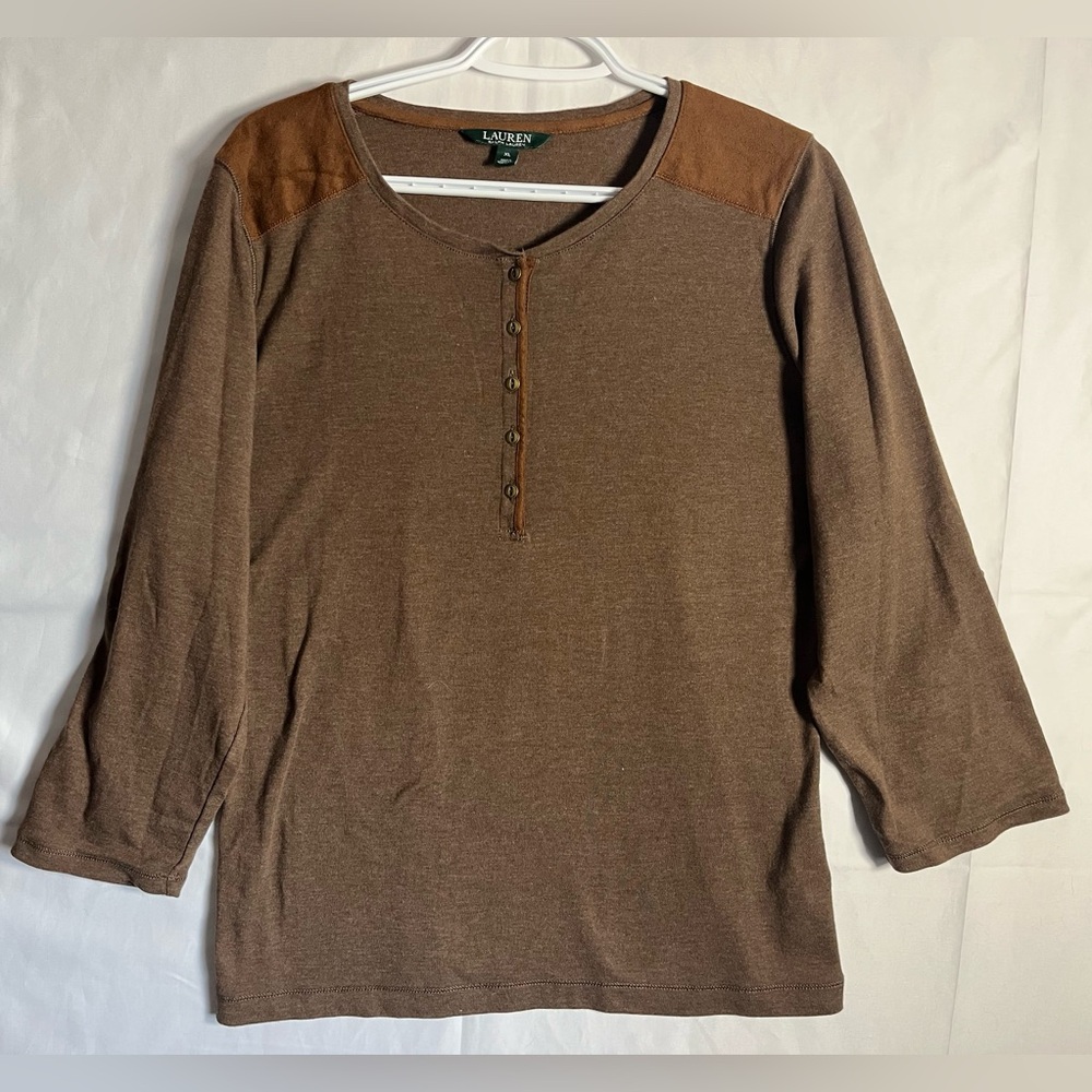Ralph Lauren Faux Leather Patch Henley Top Brown Size XL
